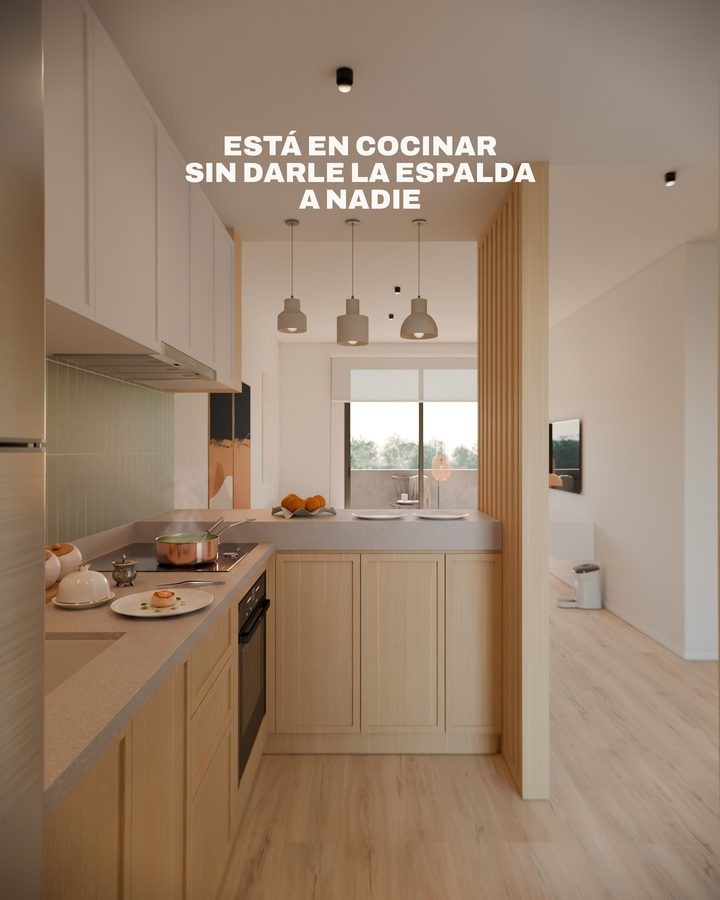 Cocina integrada, con la frase: está en cocinar sin darle la espalda a nadie