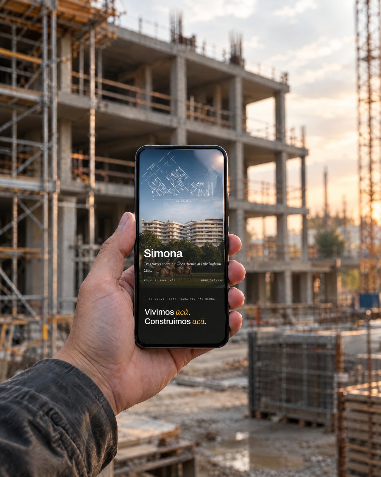 Brochure de un proyecto en su versión para celular, frente a la obra