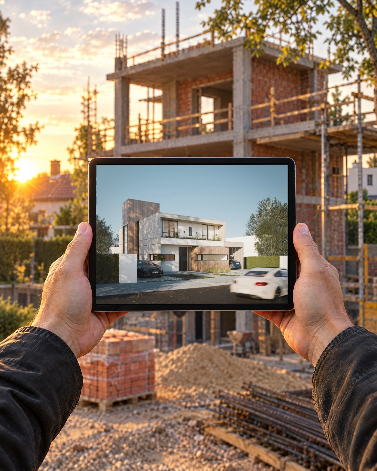 Una tablet muestra el render del edificio frente a su estructura en construcción