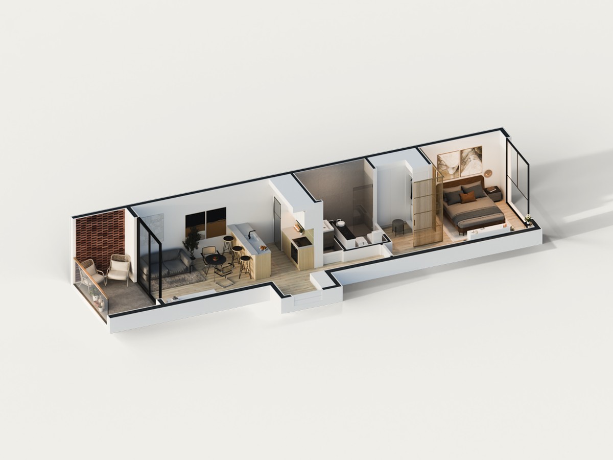 Planta humanizada en 3D de un departamento de un dormitorio